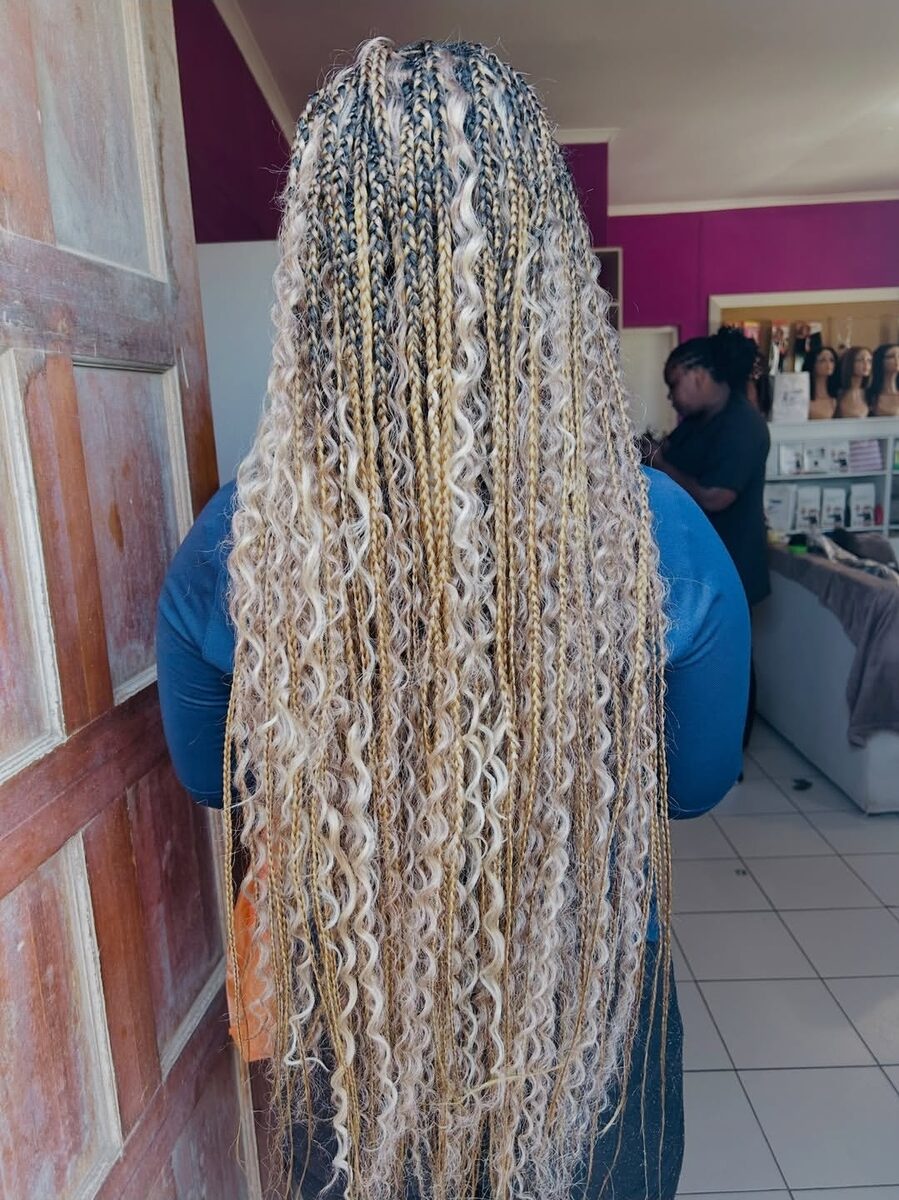 Blonde and grey curly braids