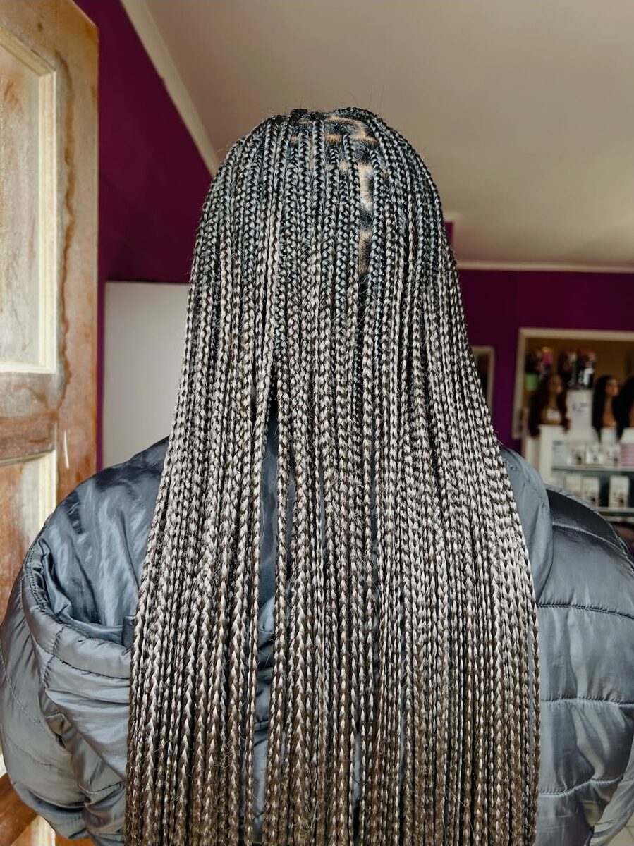 Grey knotless braids close-up